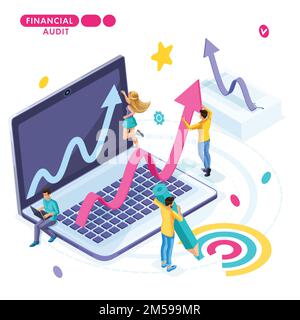 Isometrisches Konzept der Geschäftsplanung und Strategieentwicklung, Jungunternehmer Sehen Sie sich den Analytiker an, um die Einnahmen zu überprüfen, Finanzaudit. Stock Vektor
