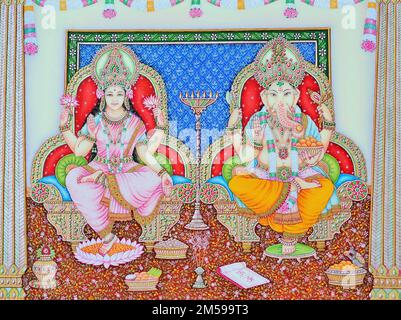 Göttin Lakshmi und Lord Ganesh, die Thronmalerei Stockfoto