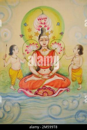 Göttin Lakshmi, die Lotus-Feinheiten-Malerei sitzt Stockfoto