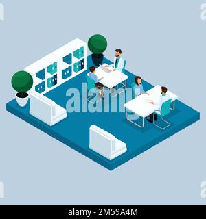 Stellen Sie trendige isometrische Personen auf. Medizinisches Personal, Krankenhaus, Arzt, Therapeut an der Rezeption, Raum, Studie, Patienten an der Rezeption isoliert auf einem Licht b Stock Vektor
