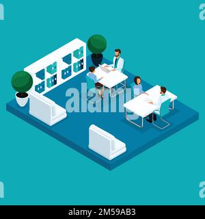 Stellen Sie trendige isometrische Personen auf. Medizinisches Personal, Krankenhaus, Arzt, Therapeut an der Rezeption, Zimmer, Studie, Patienten an der Rezeption isoliert auf einem blauen Ba Stock Vektor
