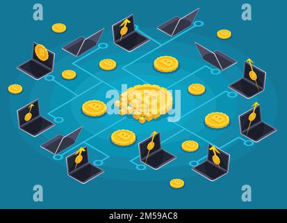 Isometrisches Konzept des Blockchain-Infografiekonzepts, Kryptowährungsabbau, Startup-Projekt-Vektordarstellung. Stock Vektor