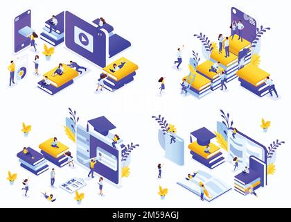 Isometrisches E-Learning-Konzept, Möglichkeiten für Schüler auf der ganzen Welt, eine kostenlose und bezahlte Ausbildung zu erhalten. Moderne Konzepte der Vektordarstellung Stock Vektor