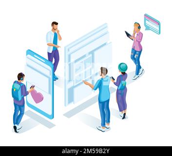 Isometrische Teenager, Schüler, schauen sich den Zeitplan mit Gadgets online an. Modernes, helles Design, hochwertige Charaktere. Stock Vektor