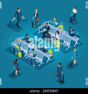 Isometrisches Infokonzept des Wartezimmers eines internationalen Flughafens, einer Transitzone, Geschäftsfrauen und Geschäftsleuten auf Geschäftsreise. Stock Vektor