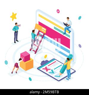 Isometrisches Geschäftskonzept, Outsourcing, Freiberufler, Zusammenarbeit an einem Projekt. Junge Unternehmer entwickeln ein Start-up. Stock Vektor