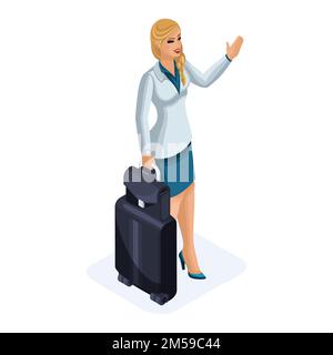 Isometrie einer schönen Frau auf einer Geschäftsreise, die mit ihrem Gepäck kommt und winkt, um sich zu treffen. Stilvoller Business-Anzug. Geschäftsreisende. Stock Vektor