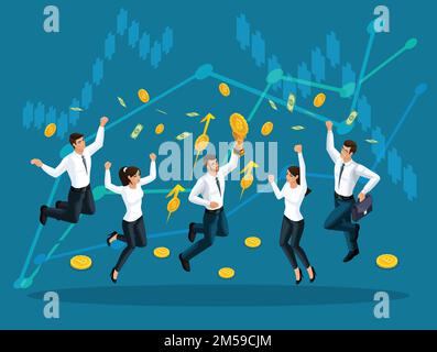 Isometrische Geschäftsmänner springen und genießen das große Geld, das vom Himmel aus im Hintergrund von Gewinnwachstumsdiagrammen serviert wird. Vektor-Illustration Stock Vektor