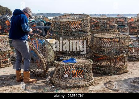 England, Dorset, Christchurch, Mudeford, Fisherman Repair Crab and Lobster nets *** Lokale Beschriftung *** UK,United Kingdom,Großbritannien,Britain,Engl Stockfoto