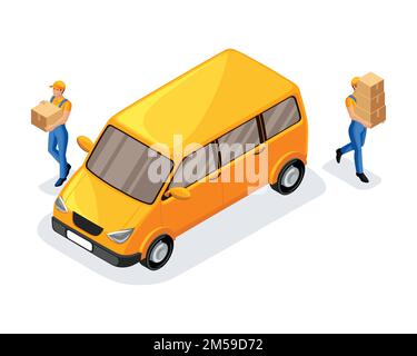 Isometrische Kuriere aus dem Lieferservice, Transportboxen, schnelle Lieferung von Bestellungen an verschiedene Orte. Express, Home, Fast Delivery, Versand. Stock Vektor