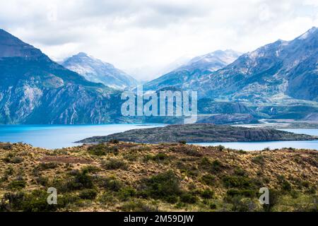 Entlang der Carretera Austral bei den Marmorhöhlen am Lago General Carrera in Chile, Patagonien. Stockfoto