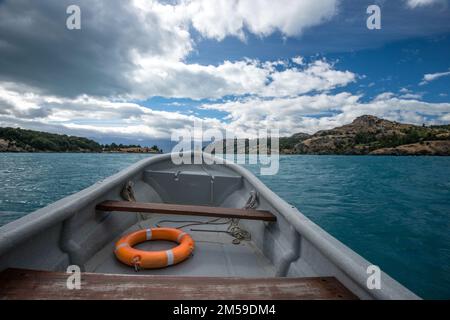 Entlang der Carretera Austral bei den Marmorhöhlen am Lago General Carrera in Chile, Patagonien. Stockfoto