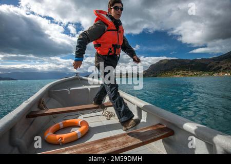 Entlang der Carretera Austral bei den Marmorhöhlen am Lago General Carrera in Chile, Patagonien. Stockfoto