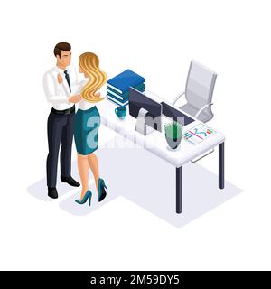 Isometrische Geschäftsfrau und Geschäftsmann, die sich im Büro umarmen, Büroromantik, Personal, Regisseur und Sekretärin, Liebe, Schönes Mädchen mit langen Haaren. Stock Vektor