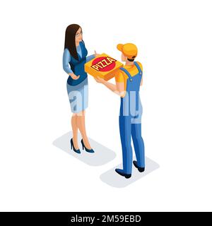 Isometrische Lieferung von Pizza durch den Lieferservice, ein Mann in Uniform, liefert Bestellungen in corton-Boxen. Lieferkonzept. Lieferwagen. Stock Vektor