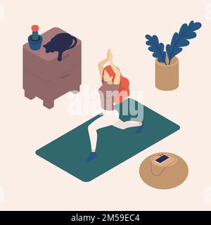 Isometrische junge Frau in ihrer Freizeit, zu Hause, Yoga, Pose, Katze. Großartiges Konzept für eine leere Seite, Webdesign. Stock Vektor