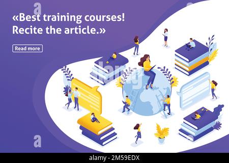 Vorlagendesign Artikelbanner, Isometrische Konzeptsuche für die besten E-Kurse, Online-Lernprozess. Kommunikation von Schülern und Lehrern über t Stock Vektor