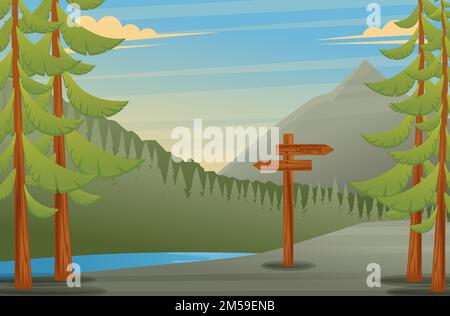 Vektordarstellung einer Waldansicht mit einem Zeiger zum Campen. Zum Erstellen einer Landing-Page. Stock Vektor