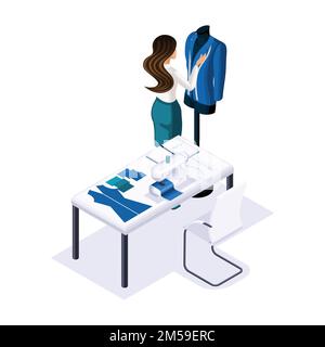 Isometrischer Schneider, Designer kreiert, maßgeschneiderte Kleidung für Mode, Kunden, privaten Atelier, Werkstatt. Der Unternehmer, der für sich arbeitet, Hi Stock Vektor