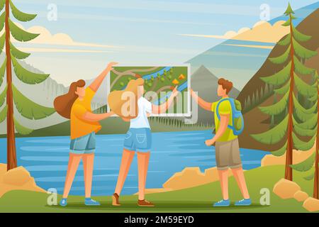 Junge Leute studieren eine Karte auf dem See im Wald, campen. Flache 2D-Zeichen. Konzept für Webdesign. Stock Vektor