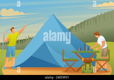Junge Leute beim Camping haben Zelte aufgestellt und Essen zubereitet. Vektordarstellung. Flache 2D-Zeichen. Stock Vektor