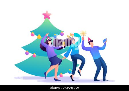 Junge Leute haben Spaß in der Nähe des Weihnachtsbaums, Lachen, Tanzen, Fotografieren. Flache 2D-Zeichen. Konzept für Webdesign. Stock Vektor