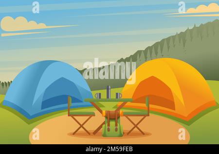 Camping im Wald, Zelte und ein Tisch mit Stühlen auf einer wunderschönen Wiese. Vektordarstellung. Stock Vektor