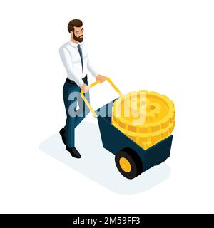 Isometrischer Geschäftsmann mit großen Goldmünzen, Kryptowährung, Bitcoin-Konzept der Geldeinsparung. Vektordarstellung eines Finanzanlegers. Stock Vektor
