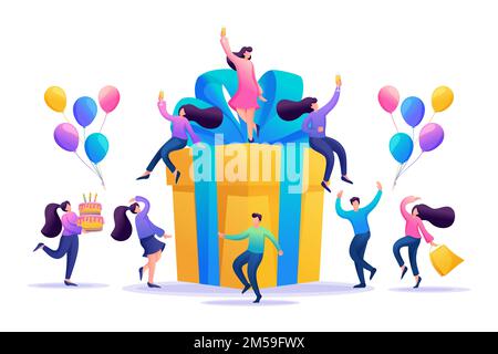 Große Geburtstagsparty mit Freunden. Die Leute feiern, trinken Champagner und haben Spaß mit einem großen Geschenk. Flache 2D-Zeichen. Konzept für Webdesign. Stock Vektor