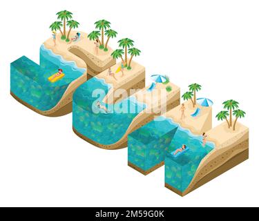 Isometrie-Insel in Form von großen Buchstaben Sonne, 3D Buchstaben, Tiefe der Erde und des Meeres, Unterwasserwelt, Strand, Palmen und Happ Stock Vektor