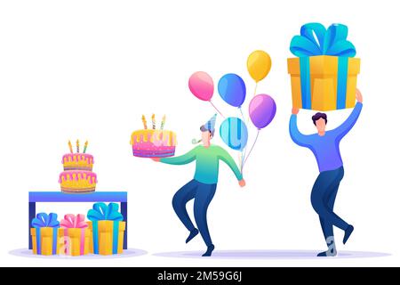 Geburtstagsparty mit Freunden. Die Leute tragen Geschenke, Kuchen und Ballons. Lebendige Illustration. Flache 2D-Zeichen. Konzept für Webdesign. Stock Vektor