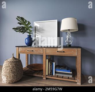 Modellrahmen im Wohnzimmerinneren des Bauernhauses. Blaue Wand mit Holzkonsole. Vase im Vintage-Stil mit grünen Pflanzen. 3D-Rendern. Hohe Qualität Stockfoto