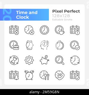Zeit- und Uhrpixel-perfekte lineare Symbole eingestellt Stock Vektor