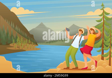 Touristen erkunden die Schönheit der Natur, Urlauber werden im Wald fotografiert. Flache 2D-Zeichen. Illustrationskonzept für Animation und Webdesign Stock Vektor