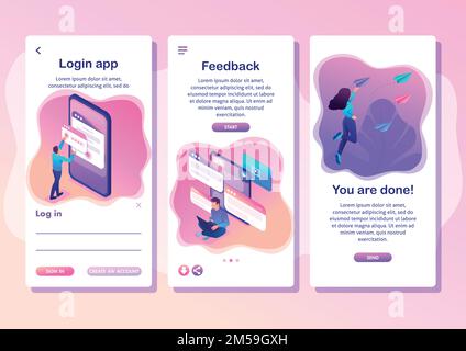 Isometrische Vorlagen-App Bright Concept-Benutzer schreiben Kommentare, Rückrufe und Feedback zu Services und Smartphone-Apps. Stock Vektor