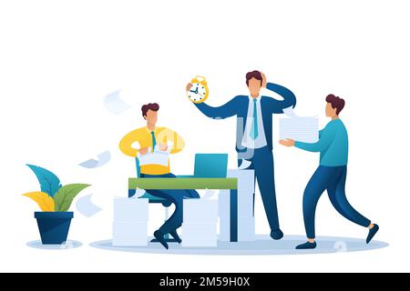 Stresssituation im Büro, Bearbeitung von Dokumenten im Büro. Flache 2D-Zeichen. Konzept für Webdesign. Stock Vektor