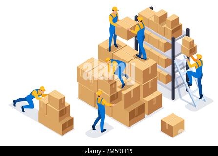 Isometrische Arbeiter in einem Lagerhaus Sammelkisten, Lagerarbeiten. Konzept für Webdesign. Stock Vektor