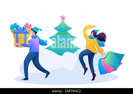 Junge Leute kaufen Weihnachtsgeschenke, Winterunterhaltung. Flache 2D-Zeichen. Konzept für Webdesign. Stock Vektor