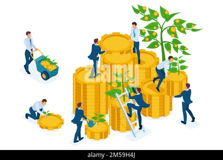 Isometrische Einkünfte aus Investitionen, Unternehmer sammeln Gewinne und reinvestieren Geld. Konzept für Webdesign. Stock Vektor