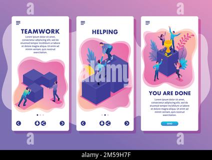 Isometrische Vorlagen-App Bright Konzept erfolgreiches junges Team, Aufwärtsbewegung, Smartphone-Apps. Stock Vektor