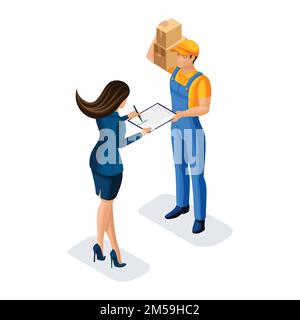 Ein isometrischer Kurier lieferte ein Paket an eine Geschäftsfrau, signiert Dokumente an einen Mann in Uniform, Vektorbild. Stock Vektor