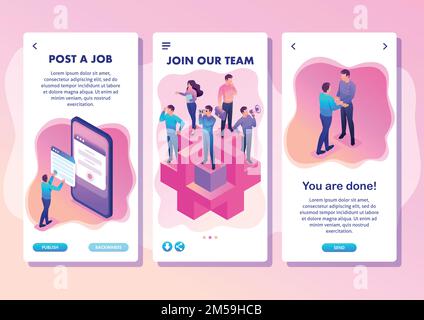 Isometrische Vorlagen-App Bright Concept Werden Sie Teil unseres Teams, wir brauchen Profis, Smartphone-Apps. Stock Vektor