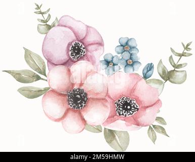 Anemonblüte und vergiss mich nicht Clipart, Blumenstrauß, Garten rosa blass Blumen mit Grün und Beere, Eukalyptuszweig. Hochzeitseinladung c Stockfoto