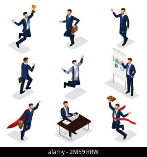 Trendige isometrische Menschen, 3D Geschäftsleute, Geschäftskonzept, Erfolg, Becher bekommen, Der junge Geschäftsmann, der das Ziel erreicht, ist auf weißem Hintergrund isoliert. Stock Vektor