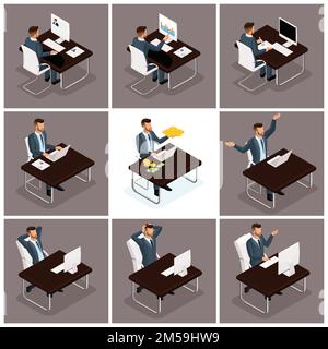 Trendiger isometrischer Personenvektor, büroarbeit von 3D Geschäftsleuten, Geschäftsszene eines jungen Geschäftsleuten, Konzept eines arbeitenden Geschäftsleuten an einem Tisch o Stock Vektor