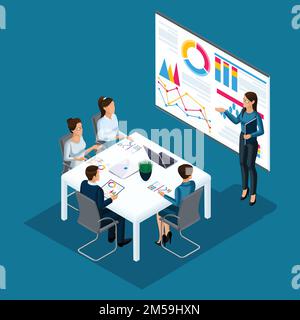 Isometrische Person, 3D Geschäftsmänner, Mädchen-Coaching, Business-Training, Tafel mit Grafiken, Konzept der Beratungsgruppe, Büroarbeit, High Stock Vektor