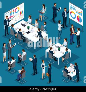 Isometrische Person, 3D-Coaching, Business Coach, Geschäftsleute, Mitarbeiter des Unternehmens, Meeting, Partnerschaft, Konzeptmanagement, Geschäftsprozesse, tr Stock Vektor