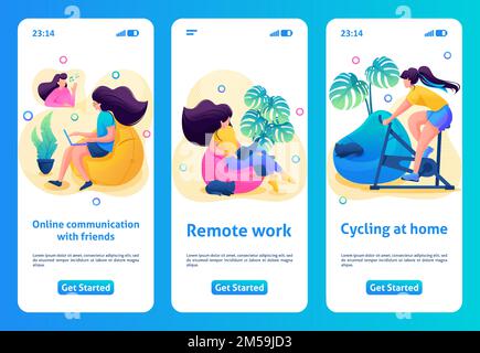 Mobile App-Design, Vorlage. 2D Figur bleibt zu Hause, unter Quarantäne. Mädchen spielt Sport, arbeitet online. Stock Vektor
