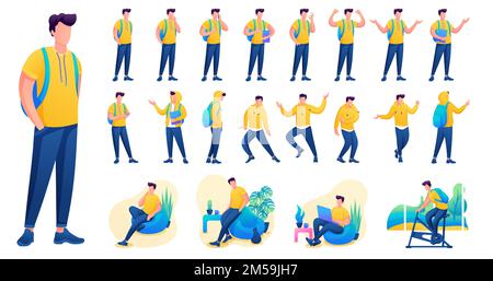 Präsentation in verschiedenen Positionen und Aktionen. Junge Männer. 2D Abbildung des Vektors für flache Zeichen N2. Stock Vektor