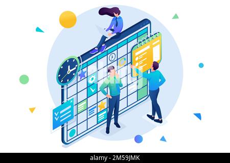Team, das an dem Geschäftsplan arbeitet, füllen die Mitarbeiter die Kalenderfelder aus. 3D isometrisch. Konzept für Webdesign. Stock Vektor